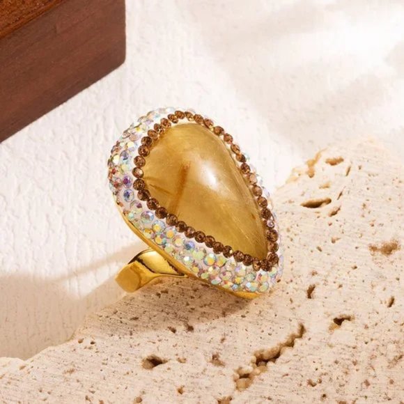 3/$35 Oval 18K Gold Plated Chunky Open Ring Natural Stone Zirconia Diamond - Picture 1 of 4
